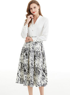 Long Sleeve Blouse & A Line Print Midi Skirt
