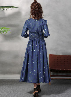V-neck Print High Waisted Long Denim Dress