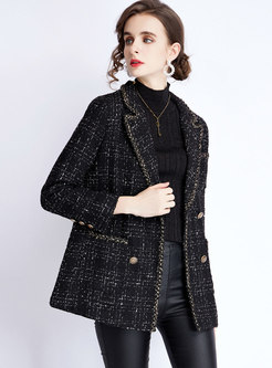 Notched Collar Double-breasted Plaid Tweed Coat