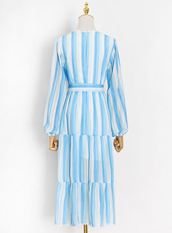 V-neck Long Sleeve Striped Chiffon Midi Wrap Dress