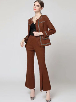 Crew Neck Single-breasted Coat & Flare Pant Suits