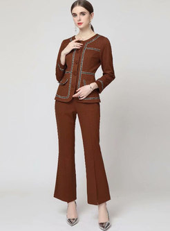 Crew Neck Single-breasted Coat & Flare Pant Suits