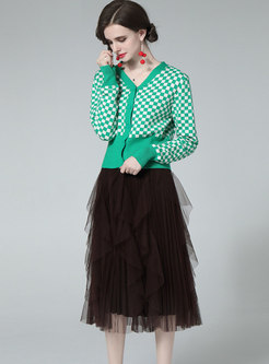 V-neck Plaid Sweater Cardigan & Mesh Midi Skirt