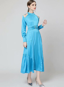 Long Sleeve Openwork Belted Long Party Dress