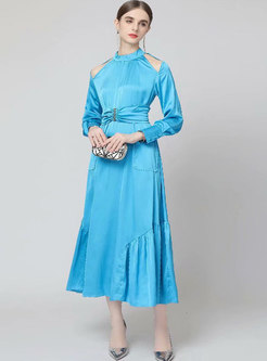 Long Sleeve Openwork Belted Long Party Dress
