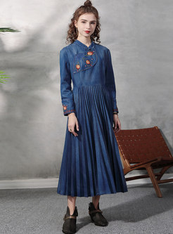 Mandarin Collar Embroidered Pleated Denim Dress