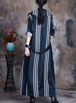 Plus Size Striped Straight Long Trench Coat