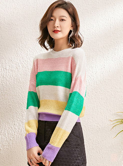 Crew Neck Rainbow Striped Pullover Sweater