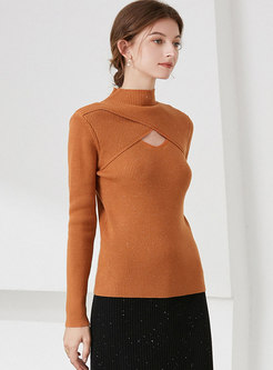 Mock Neck Long Sleeve Openwork Ribbed Sweater