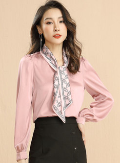 Ribbon Satin Pullover Pink Long Sleeve Blouse