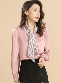 Ribbon Satin Pullover Pink Long Sleeve Blouse
