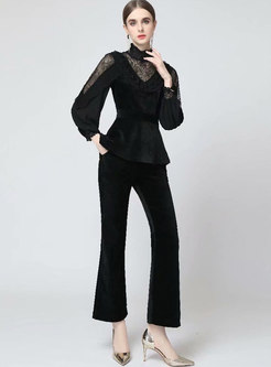 Lace Sheer Pullover Blouse & High Waisted Flare Pants