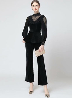 Lace Sheer Pullover Blouse & High Waisted Flare Pants