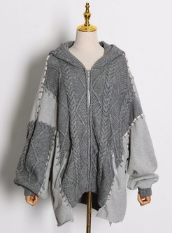 Hooded Patchwork Cable-knit Sweater Coat