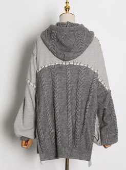 Hooded Patchwork Cable-knit Sweater Coat