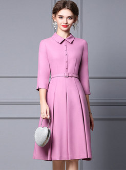 Pink Belted Knee-length Pleated Cocktail Dress