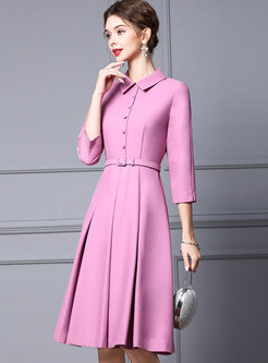Pink Belted Knee-length Pleated Cocktail Dress