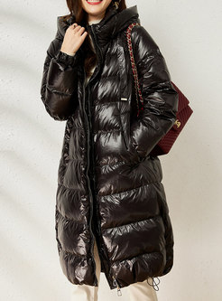 Hooded Glossy Mid-length Straight Puffer Coat