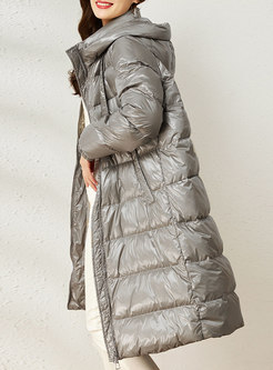 Hooded Glossy Mid-length Straight Puffer Coat
