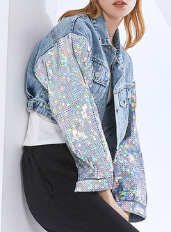Casual Sequin Patchwork Cropped Denim Jacket