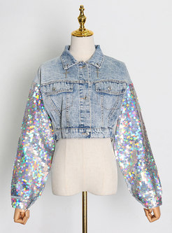 Casual Sequin Patchwork Cropped Denim Jacket