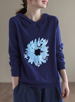 Hooded Print Pullover Long Sleeve Sweater