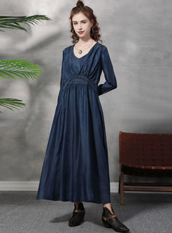 Plus Size Long Sleeve Ruched Denim Maxi Dress