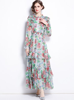 Mock Neck Long Sleeve Ruffle Floral Party Dress