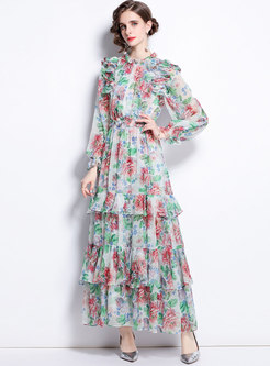 Mock Neck Long Sleeve Ruffle Floral Party Dress