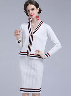 V-neck Patchwork Long Sleeve Sweater Skirt Suits