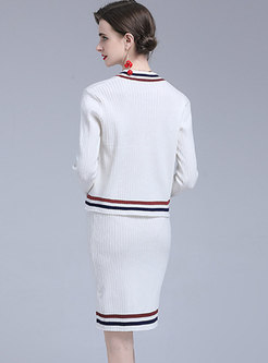 V-neck Patchwork Long Sleeve Sweater Skirt Suits
