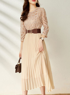 Lace Openwork Belted Pleated Long Dress