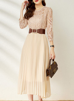 Lace Openwork Belted Pleated Long Dress