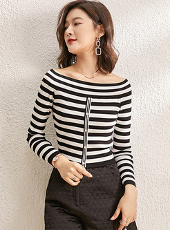 Off-the-shoulder Striped Pullover Sweater