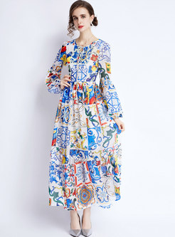 Court Long Sleeve Floral Chiffon Party Maxi Dress
