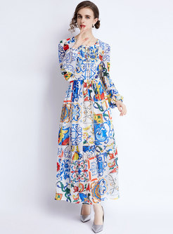 Court Long Sleeve Floral Chiffon Party Maxi Dress