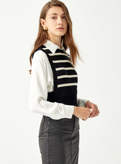 Crew Neck Striped Ribbed Pullover Sweater Vest