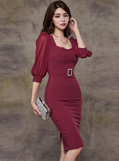 Sexy Square Neck Belted Cocktail Pencil Dress