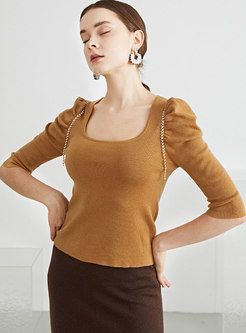 Square Neck Puff Sleeve Pullover Wool Sweater