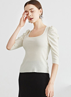 Square Neck Puff Sleeve Pullover Wool Sweater