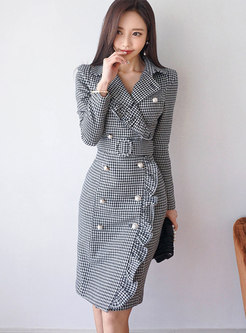 Houndstooth Belted Ruffle Long Sleeve Work Dress
