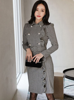 Houndstooth Belted Ruffle Long Sleeve Work Dress