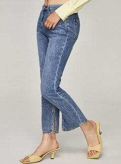 High Waisted Side Split Straight Jeans
