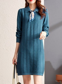 Blue Long Sleeve Sheath Short Sweater Dress