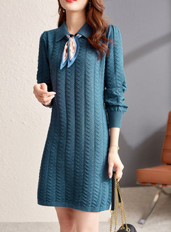 Blue Long Sleeve Sheath Short Sweater Dress