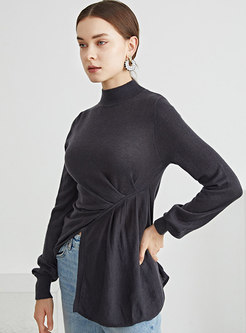 Mock Neck Pullover Asymmetric Ruched Wool Sweater