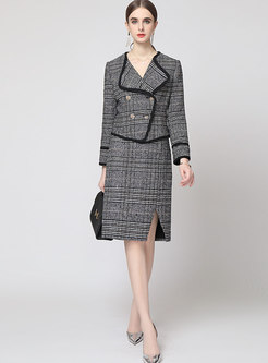Double-breasted Short Houndstooth Split Skirt Suits