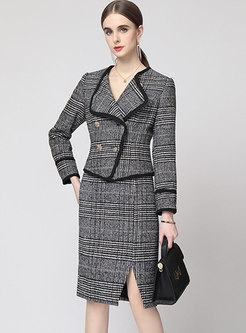 Double-breasted Short Houndstooth Split Skirt Suits