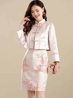 Sleeveless Jacquard Short Cheongsam & Long Sleeve Coat