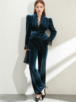 Lace Patchwork Velvet Belted Straight Pant Suits